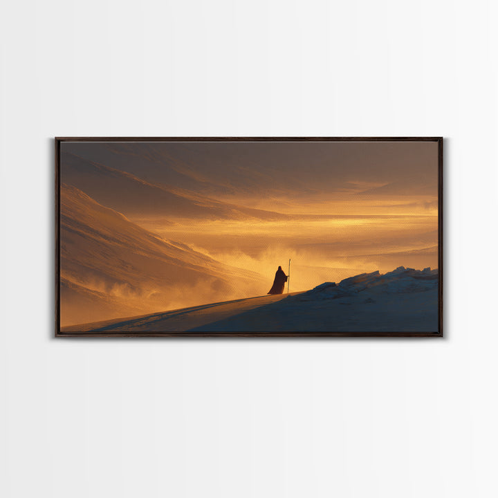 Lone Traveler In Golden Snowy Mountains Canvas Print, Epic Sunset Landscape Wall Art, Rustic Adventure Home Decor Gift For Him