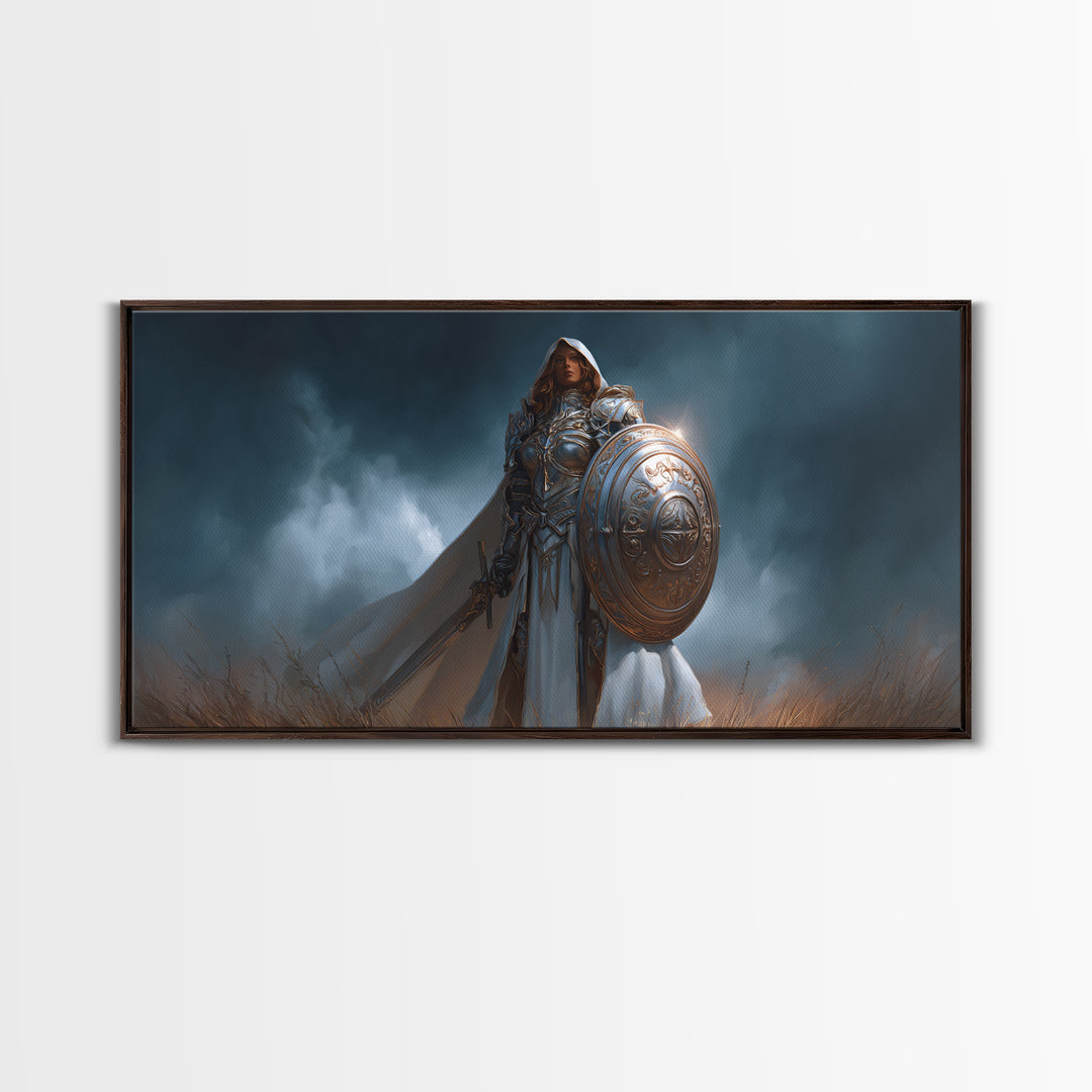 Armored Woman Warrior Framed Canvas Print, Fantasy Wall Art, Shield And Sword Decor, Strong Female Hero, Gamer Gift For Her