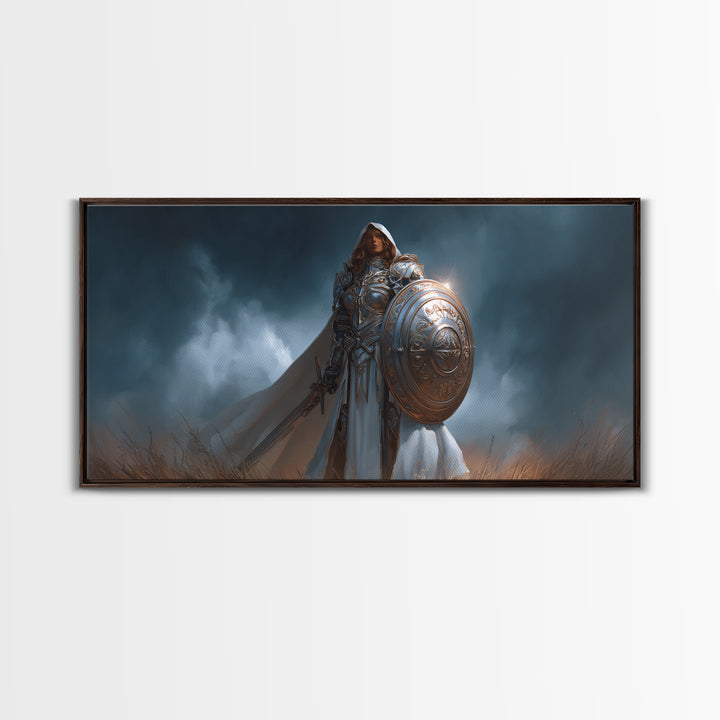 Armored Woman Warrior Framed Canvas Print, Fantasy Wall Art, Shield And Sword Decor, Strong Female Hero, Gamer Gift For Her