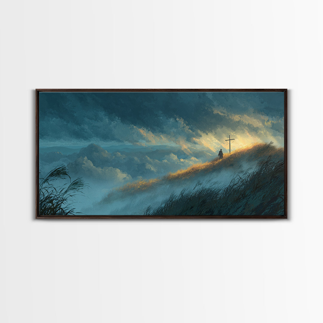 Sunlit Mountain Hill With Lone Cross Wall Art, Spiritual Landscape Canvas Print, Christian Decor, Calming Nature Art For Bedroom