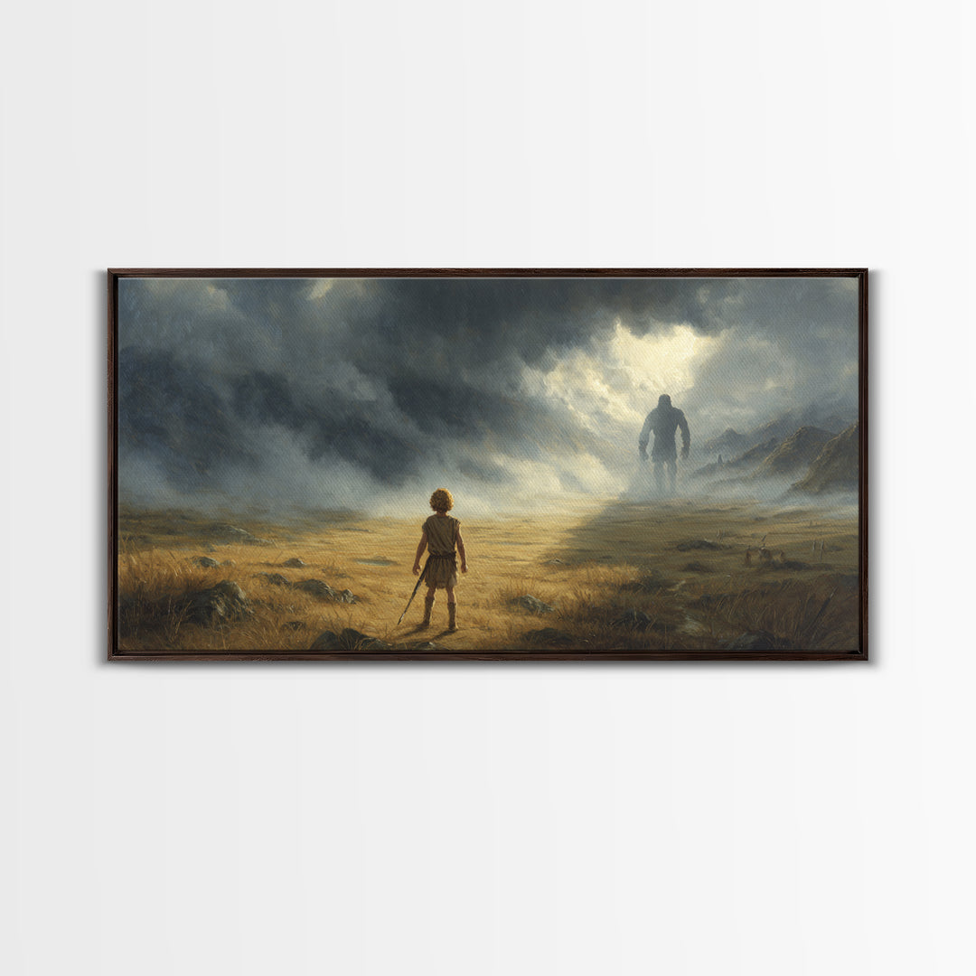 Child Facing Giant In Stormy Valley Wall Art, Fantasy Landscape Canvas Print, Moody Adventure Decor, Dark Surreal Gift For Him