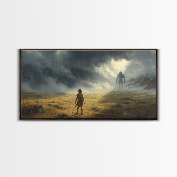 Child Facing Giant In Stormy Valley Wall Art, Fantasy Landscape Canvas Print, Moody Adventure Decor, Dark Surreal Gift For Him