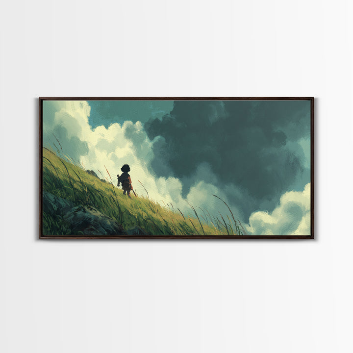 Child On Windswept Grassy Hill Wall Art, Dramatic Cloud Landscape, Whimsical Nursery Decor, Fantasy Adventure Canvas Print