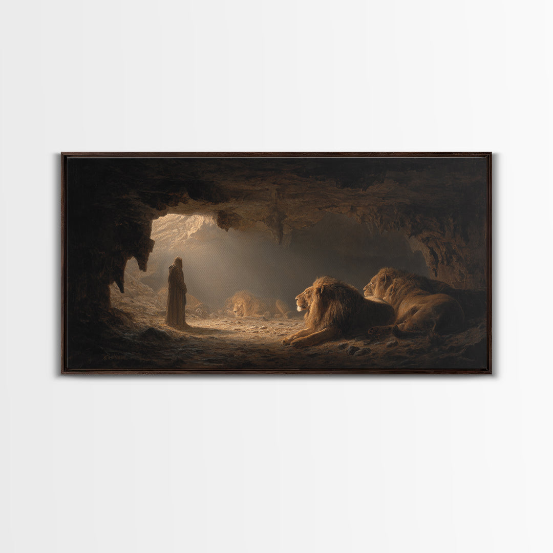 Daniel In The Lions Den Wall Art, Biblical Fantasy Canvas Print, Dramatic Cave Painting, Christian Home Decor Inspirational Gift