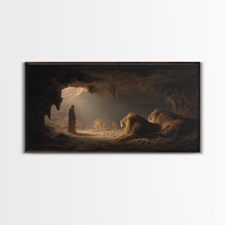 Daniel In The Lions Den Wall Art, Biblical Fantasy Canvas Print, Dramatic Cave Painting, Christian Home Decor Inspirational Gift