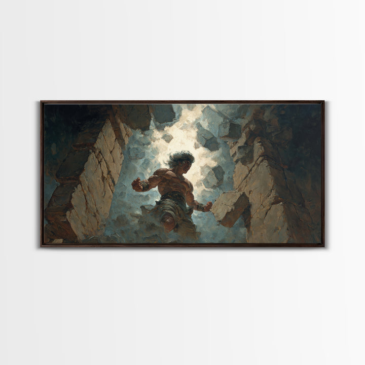 Mighty Warrior Breaking Stone Wall Art, Dramatic Fantasy Canvas Print, Epic Battle Decor For Game Room Or Man Cave Wall Decor
