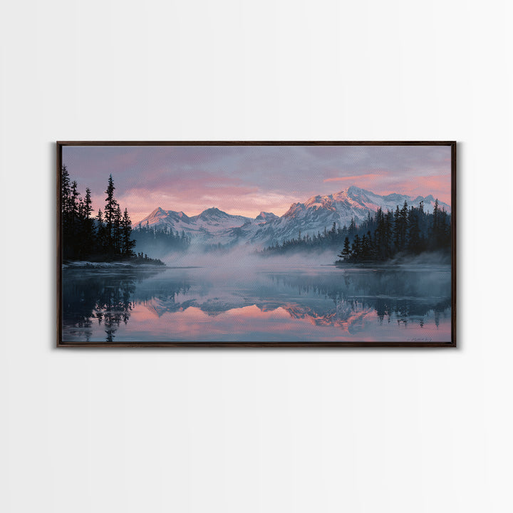 Pink Alpine Mountain Lake Wall Art, Misty Forest Landscape Canvas Print, Nature Decor, Large Wall Art For Living Room Decor