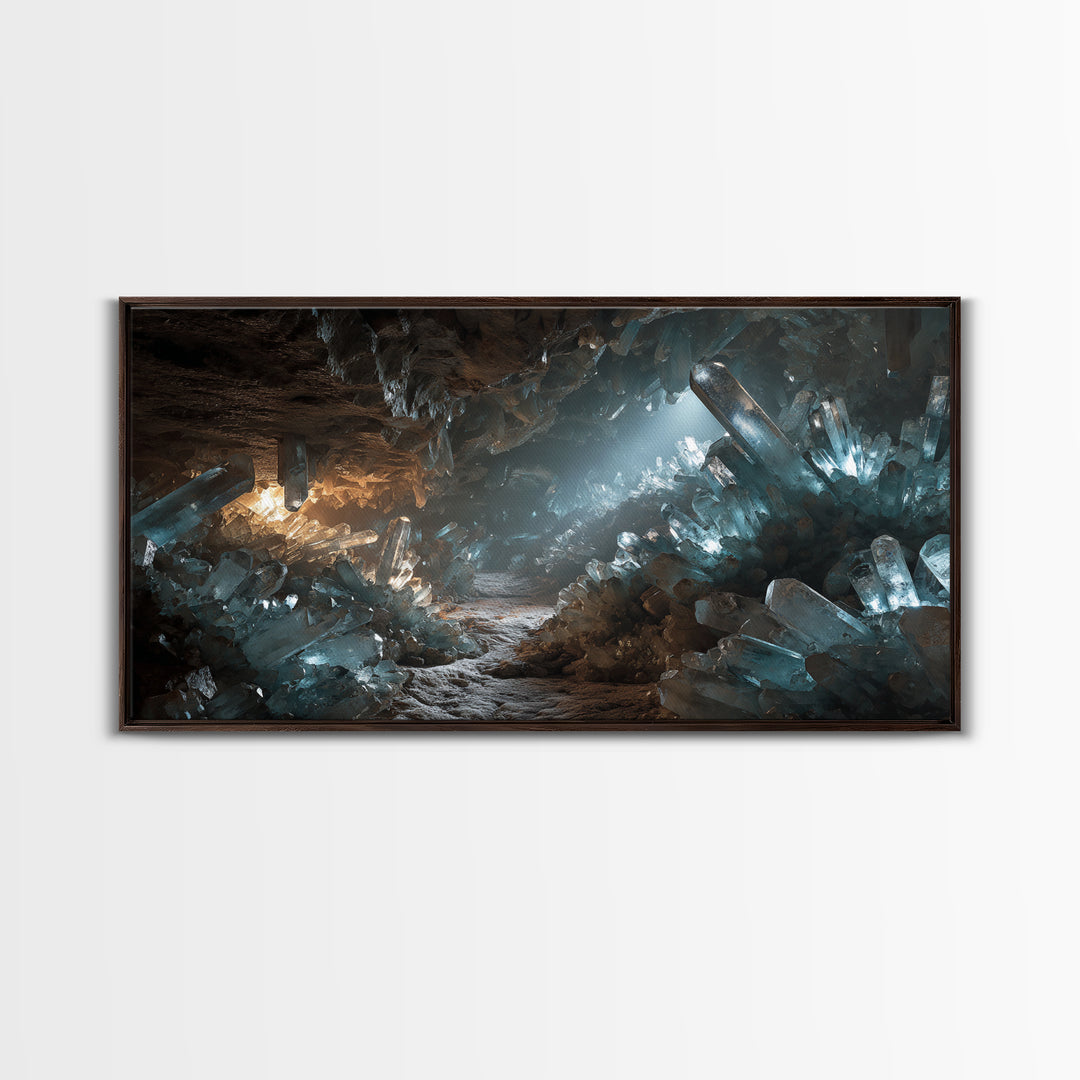 Glowing Crystal Cave Fantasy Canvas Print, Blue Quartz Cavern Wall Decor, Mystical Landscape Art, Unique Gamer Room Gift