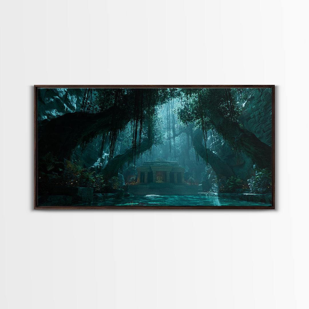 Teal Jungle Temple Cave With Waterfall Wall Art, Fantasy Canvas Print, Moody Nature Decor, Zen Home Decor, Unique Gift For Her