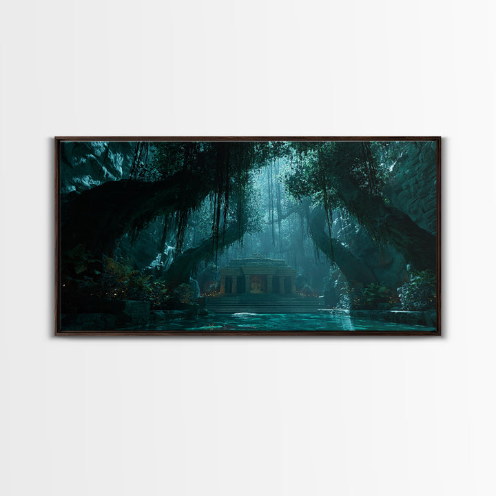 Teal Jungle Temple Cave With Waterfall Wall Art, Fantasy Canvas Print, Moody Nature Decor, Zen Home Decor, Unique Gift For Her
