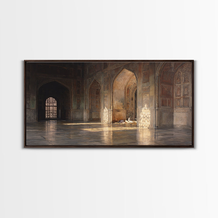 Sunlit Islamic Architecture Wall Art, Historic Mosque Interior Canvas Print, Moroccan Arches Decor, Prayer Room Gift For Home