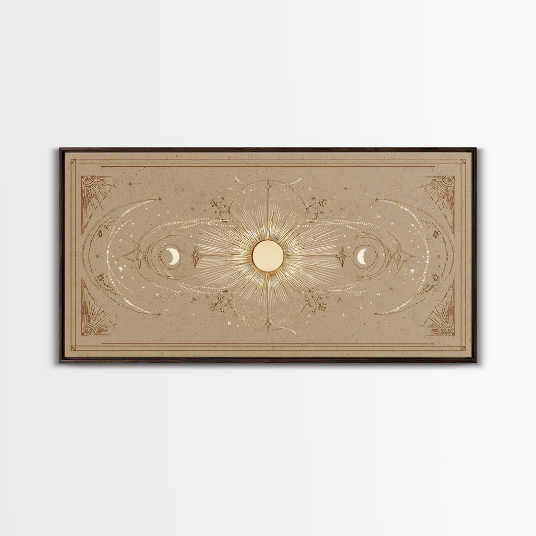 Celestial Sun And Moon Wall Art, Gold Mystic Canvas Print, Boho Astrology Decor, Neutral Bedroom Above Bed Wall Decor, Housewarming Gift