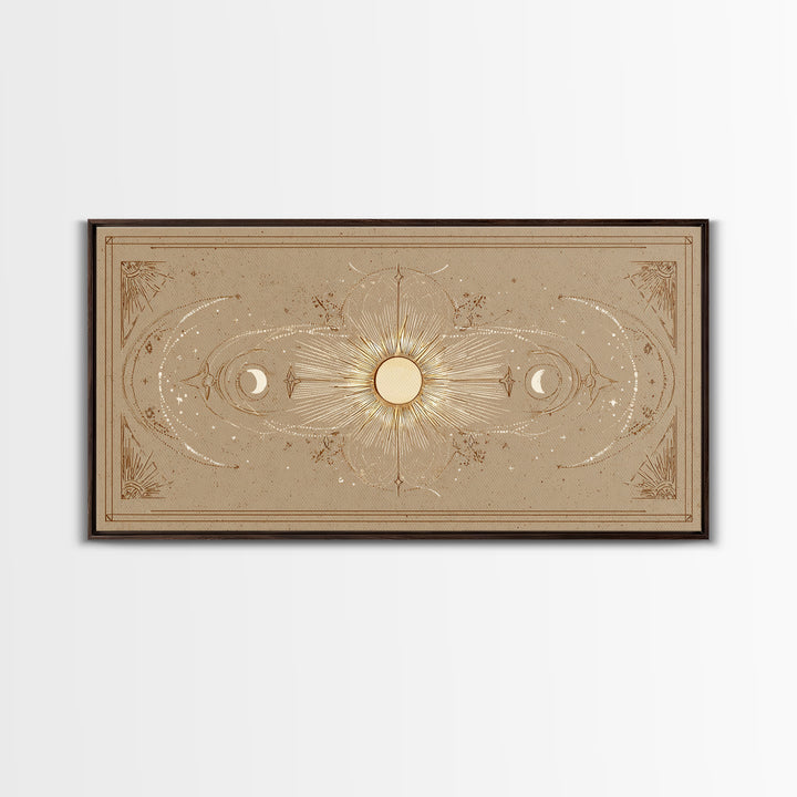 Celestial Sun And Moon Wall Art, Gold Mystic Canvas Print, Boho Astrology Decor, Neutral Bedroom Above Bed Wall Decor, Housewarming Gift