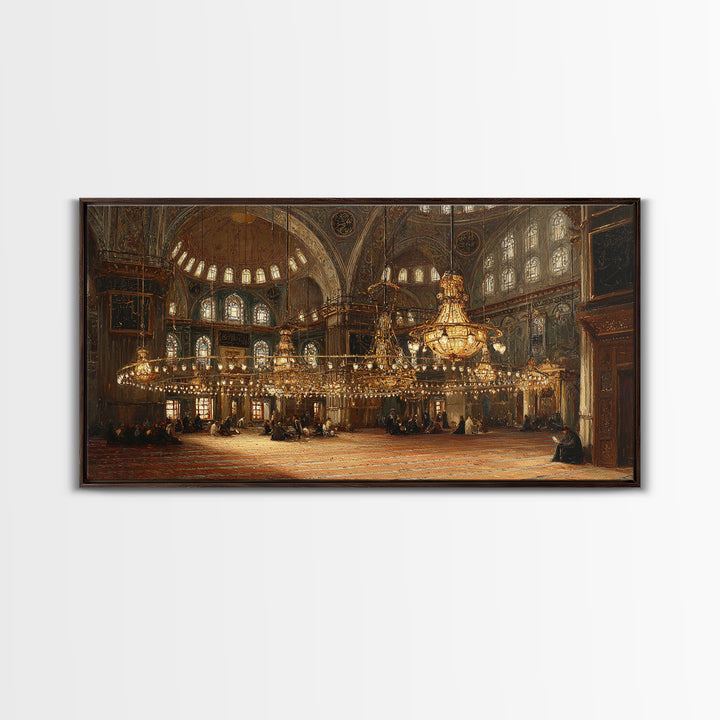 Ornate Mosque Interior With Golden Chandeliers Framed Canvas Print, Islamic Architecture Wall Art, Elegant Ramadan Decor
