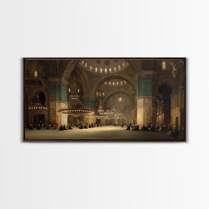 Golden Mosque Interior Prayer Hall Wall Art, Islamic Architecture Framed Canvas Print, Spiritual Decor, Eid Housewarming Gift