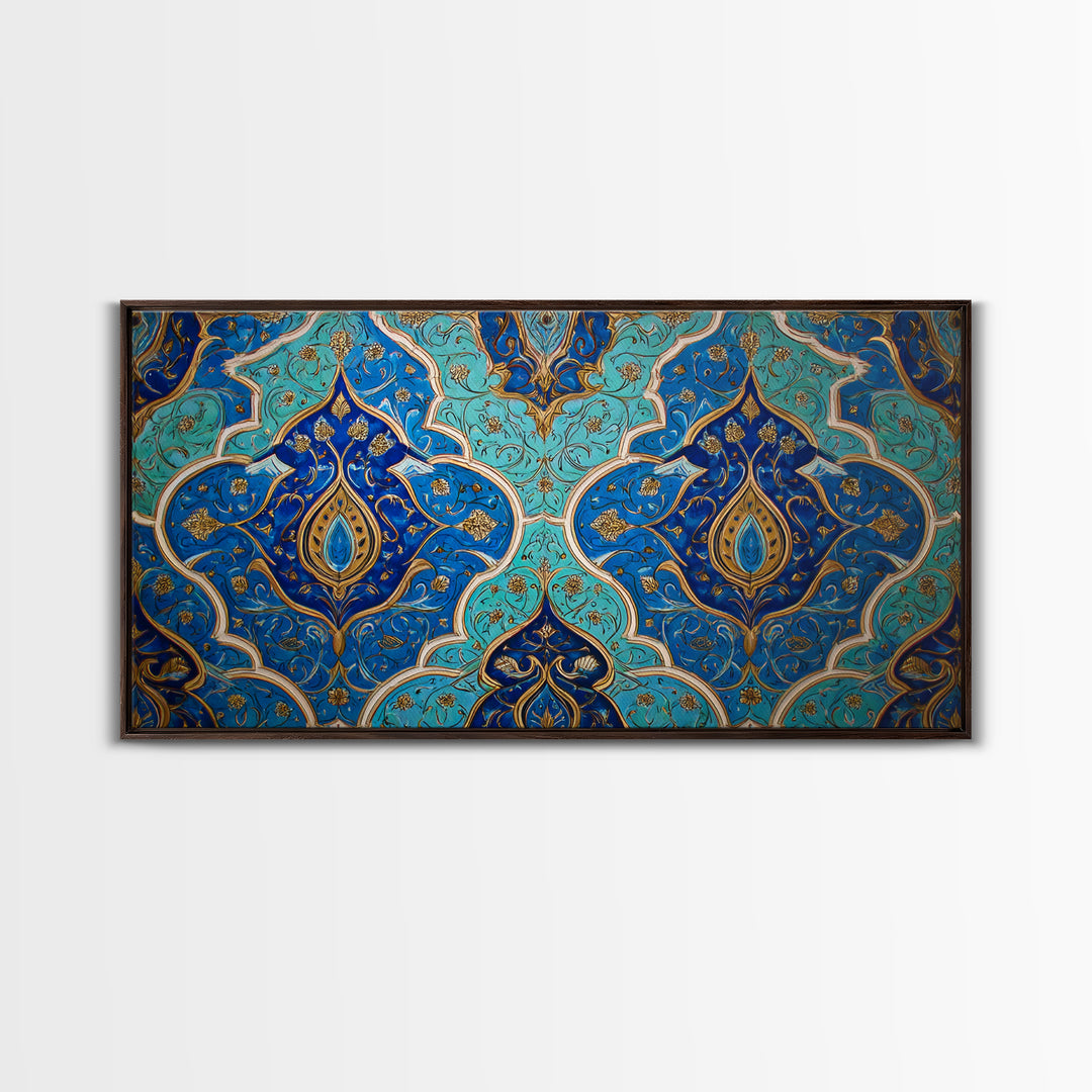 Blue Gold Moroccan Tile Pattern Wall Art, Islamic Home Decor, Boho Wall Decor, Geometric Art, Luxury Statement Artwork Gift