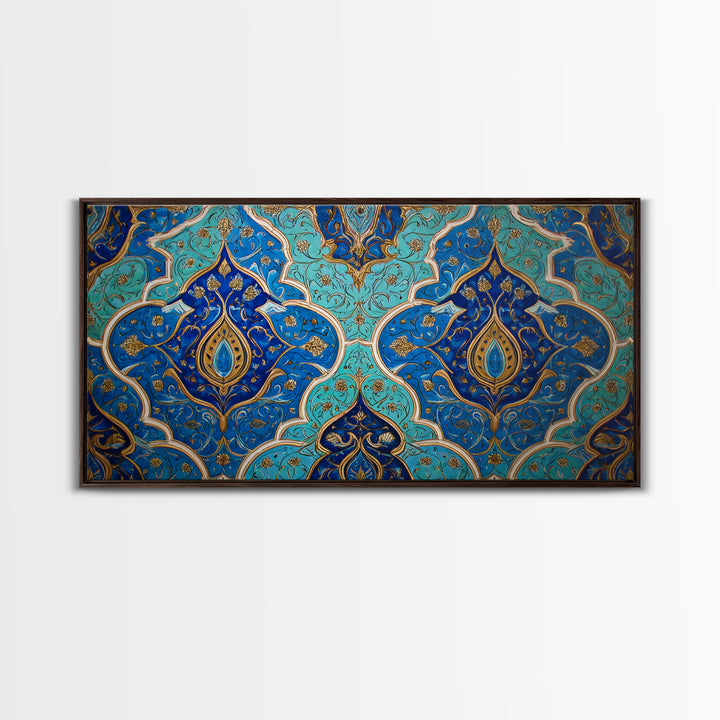 Blue Gold Moroccan Tile Pattern Wall Art, Islamic Home Decor, Boho Wall Decor, Geometric Art, Luxury Statement Artwork Gift