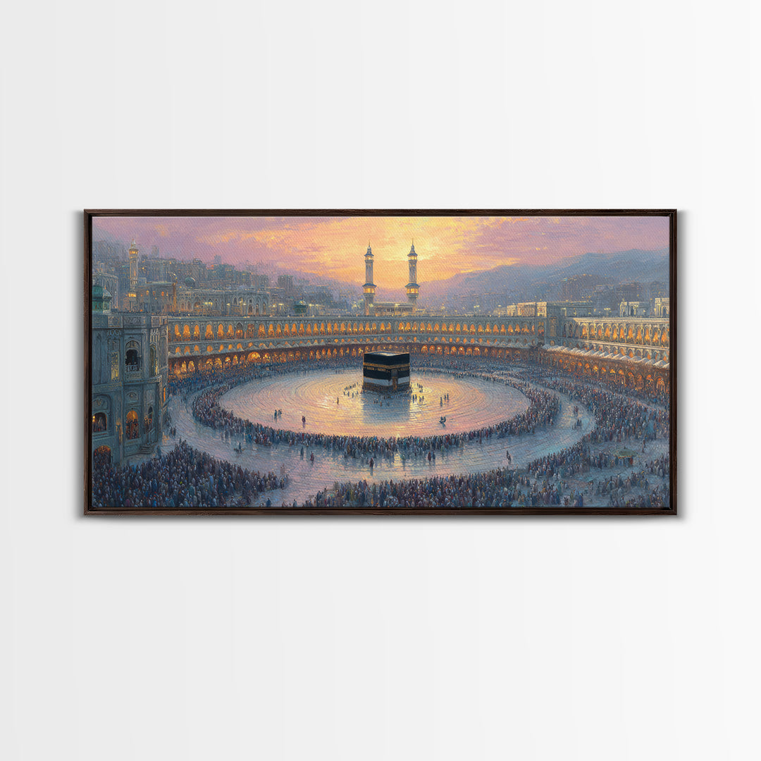 Sunset Kaaba Pilgrimage At Mecca Framed Canvas Print, Islamic Wall Art, Muslim Home Decor, Spiritual Gift, Prayer Room Decor