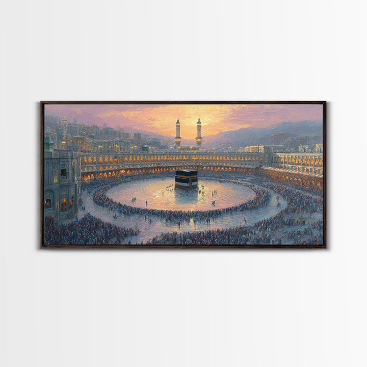 Sunset Kaaba Pilgrimage At Mecca Framed Canvas Print, Islamic Wall Art, Muslim Home Decor, Spiritual Gift, Prayer Room Decor