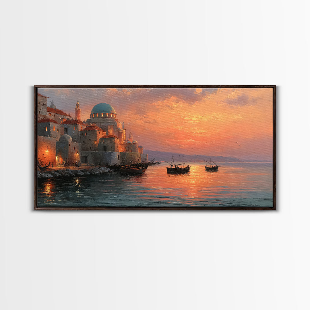 Mediterranean Dome Harbor Sunset Canvas Print, Coastal Wall Art, Italian Seascape Decor, Boats Over Water, Travel Gift Idea