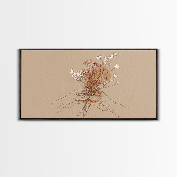Hands Holding Wildflowers Wall Art, Minimal Line Art Canvas Print, Neutral Botanical Decor, Feminine Bedroom Gift For Her