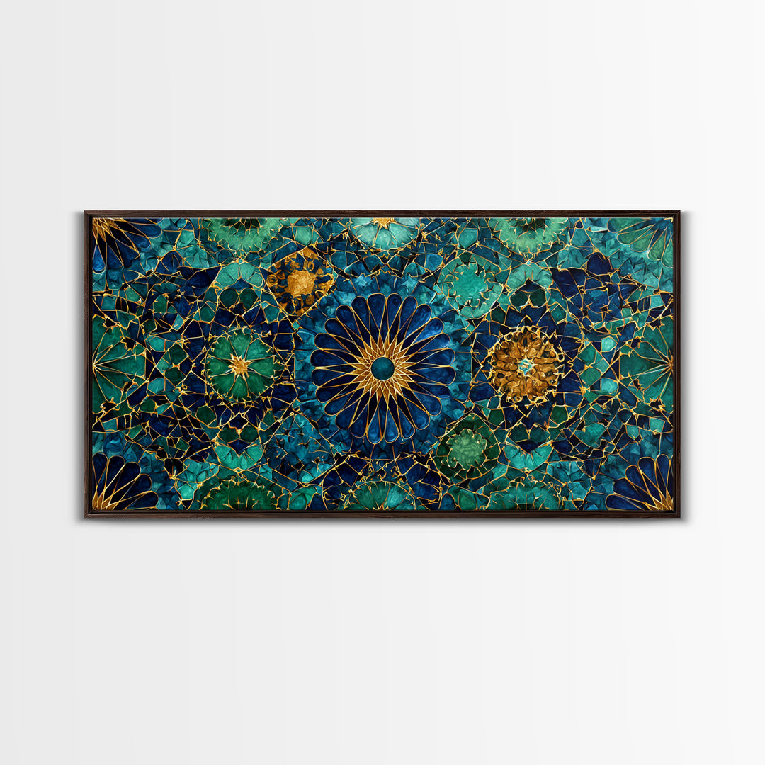 Teal Gold Floral Mosaic Canvas Print, Moroccan Wall Art, Geometric Pattern Decor, Mediterranean Tile Gift For Her, Luxury Home Decor