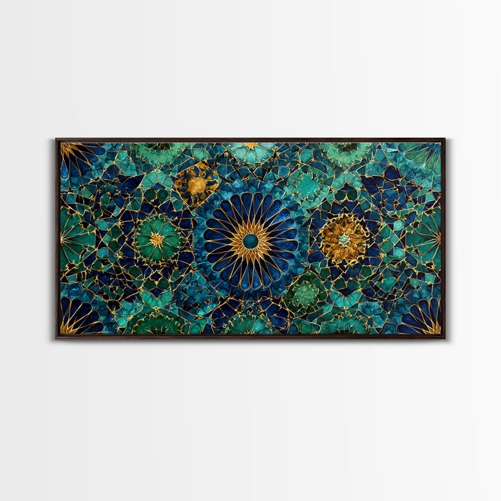 Teal Gold Floral Mosaic Canvas Print, Moroccan Wall Art, Geometric Pattern Decor, Mediterranean Tile Gift For Her, Luxury Home Decor