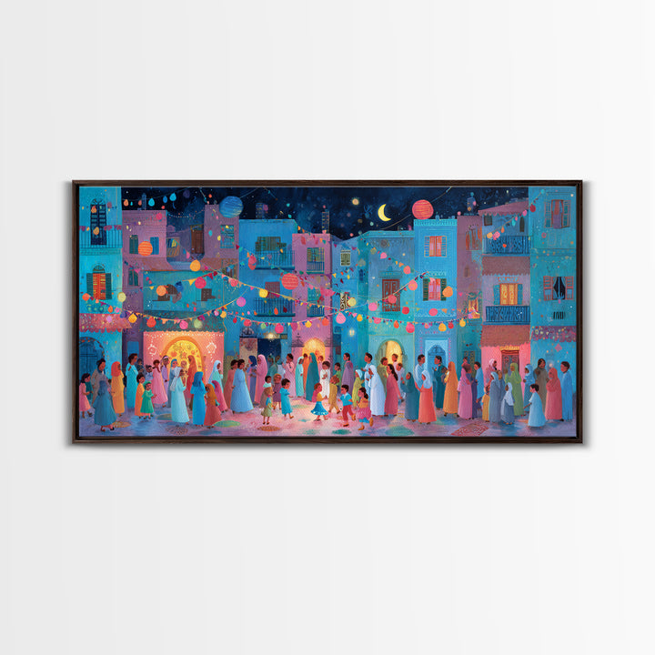 Colorful Moonlit Wedding Street Wall Art, Mediterranean Festival Canvas Print, Dopamine Decor, Joyful Village Poster Gift