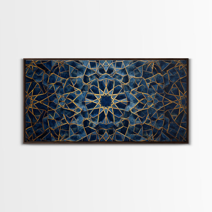 Blue Gold Islamic Geometric Wall Art, Sacred Pattern Canvas Print, Moroccan Tile Decor For Modern Living Room Home Decor Gift