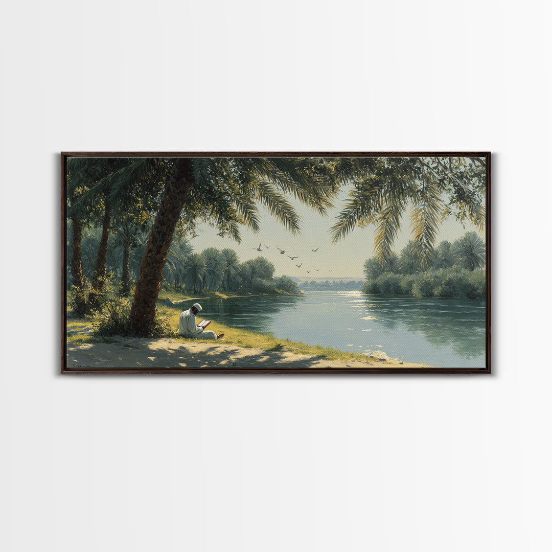 Palm Shaded River Reader Canvas Print, Serene Tropical Landscape Wall Art, Coastal Home Decor, Office Decor, Housewarming Gift For Her