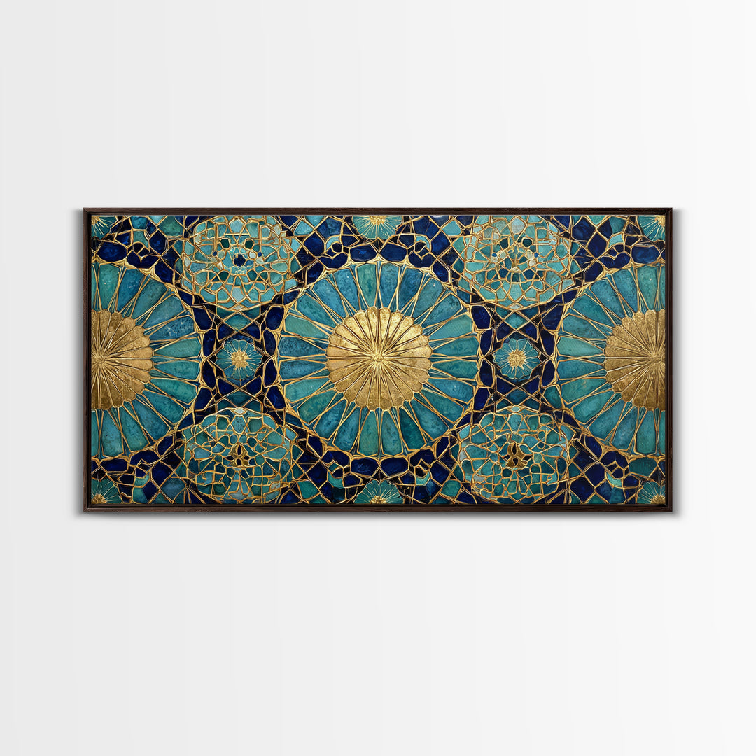 Teal And Gold Islamic Geometric Mosaic Wall Art, Moroccan Decor, Arabic Pattern Art, Spiritual Canvas Print, Luxury Home Decor
