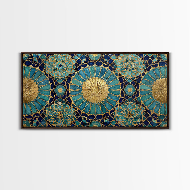 Teal And Gold Islamic Geometric Mosaic Wall Art, Moroccan Decor, Arabic Pattern Art, Spiritual Canvas Print, Luxury Home Decor