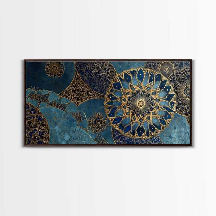 Blue Gold Islamic Mandala Wall Art, Moroccan Geometric Canvas Print, Arabic Home Decor, Large Living Room Wall Decor, Gift