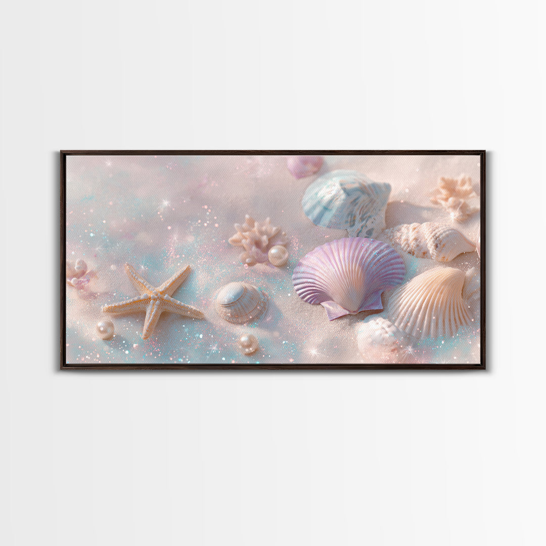Pastel Seashells And Starfish Canvas Print, Coastal Beach Wall Art, Beach House Decor, Pastel Bathroom Decor, Ocean Nursery Gift For Her