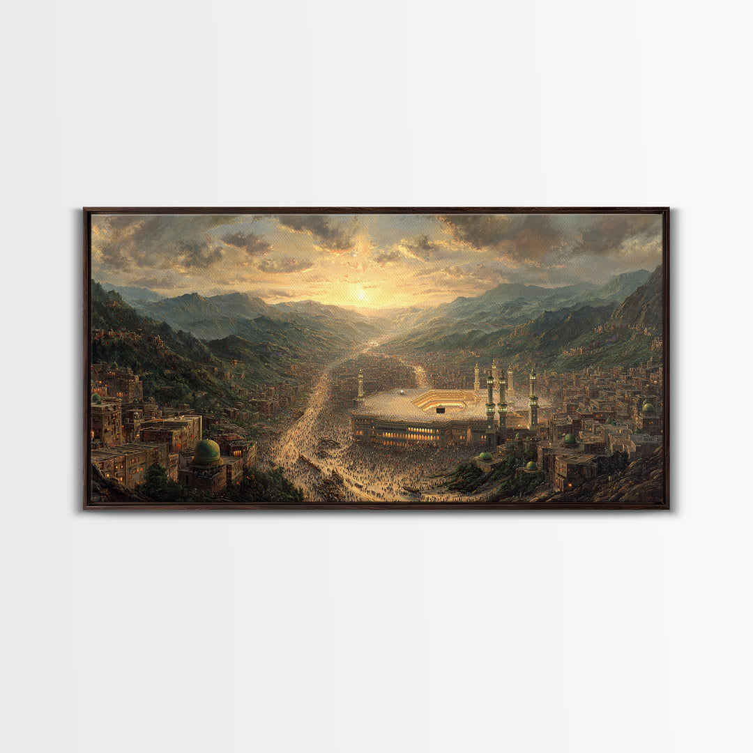 Mecca Sunset Valley And Holy Mosque Canvas Print, Islamic Wall Art, Panoramic Landscape Art For Prayer Room Decor Gift Idea