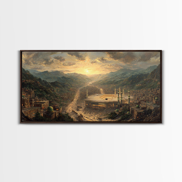 Mecca Sunset Valley And Holy Mosque Canvas Print, Islamic Wall Art, Panoramic Landscape Art For Prayer Room Decor Gift Idea