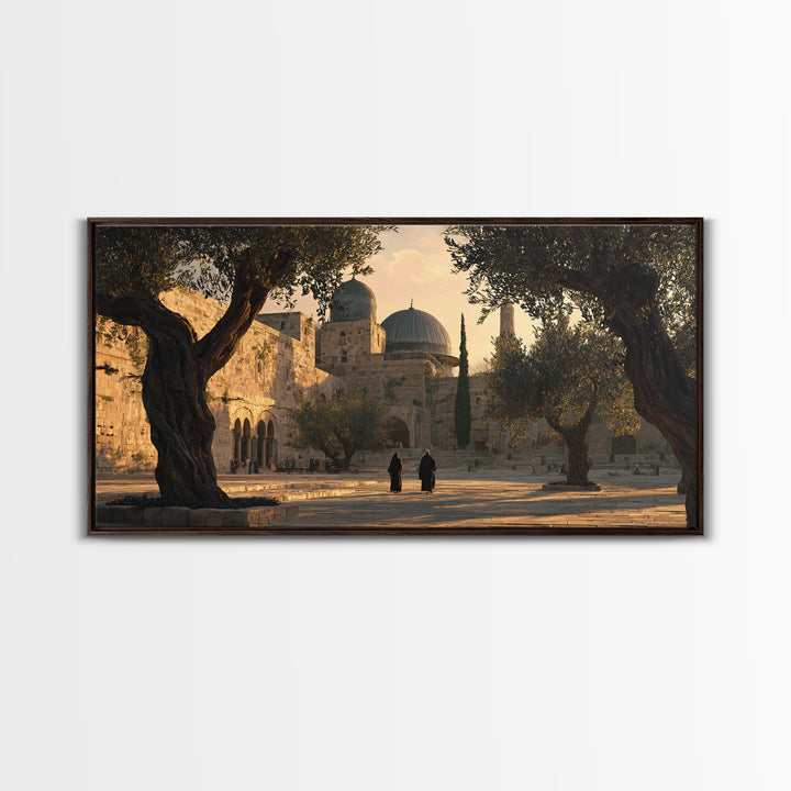 Jerusalem Olive Courtyard Wall Art, Islamic Architecture Canvas Print, Warm Travel Decor For Prayer Room And Entryway Home Decor