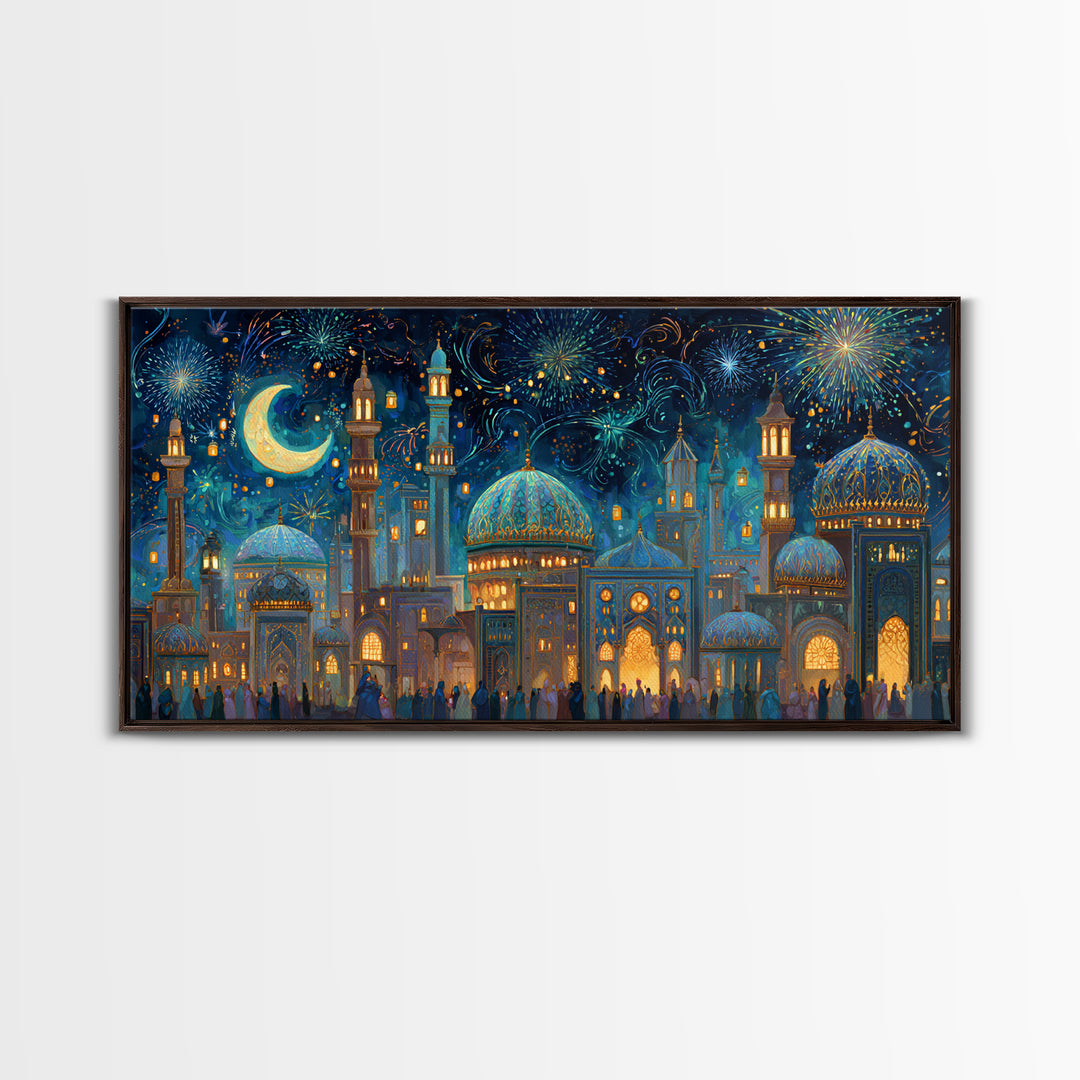 Festive Islamic City With Crescent Moon Framed Canvas Print, Ramadan Wall Art, Moroccan Decor, Eid Gift, Celestial Poster