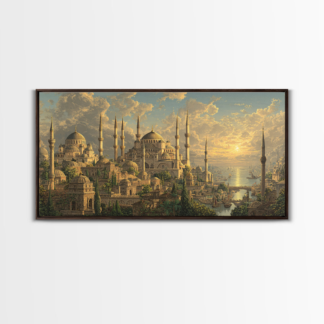 Golden Istanbul Mosque Skyline At Sunset Canvas Print, Islamic Architecture Wall Art, Travel Poster, Elegant Home Decor Gift