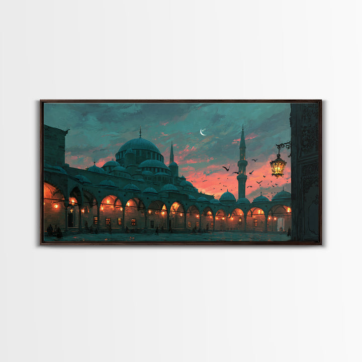 Twilight Mosque Courtyard Framed Canvas Print, Islamic Architecture Wall Art, Istanbul Travel Poster And Prayer Room Decor