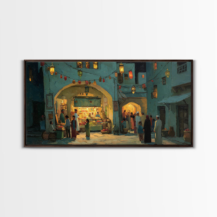 Middle Eastern Night Bazaar Wall Art, Glowing Shopfront Alley Scene, Moroccan Decor, Islamic Home Decor, Housewarming Gift
