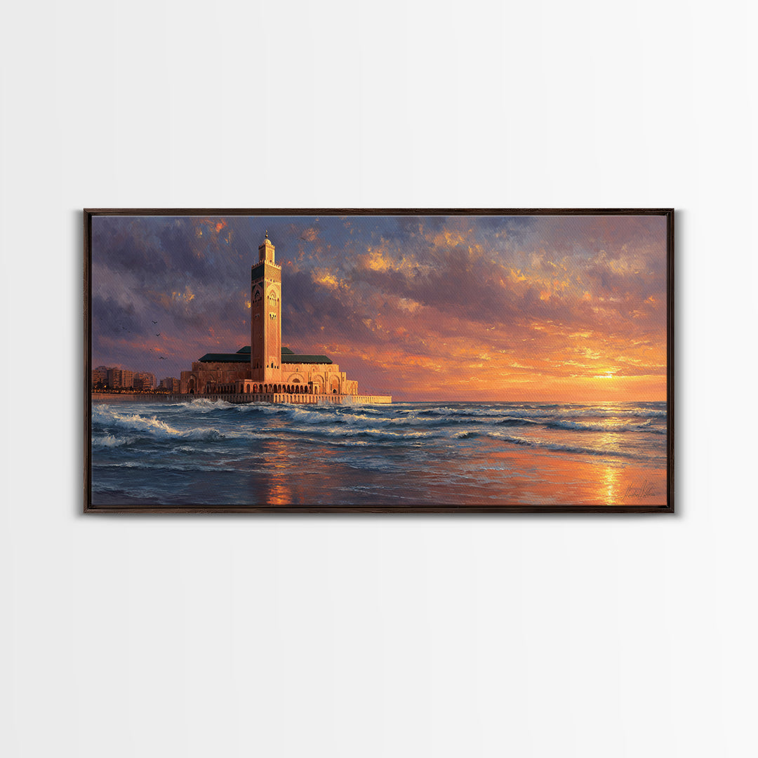 Casablanca Mosque Sunset Wall Art, Moroccan Coastal Seascape Canvas Print, Islamic Architecture, Ocean Decor For Living Room