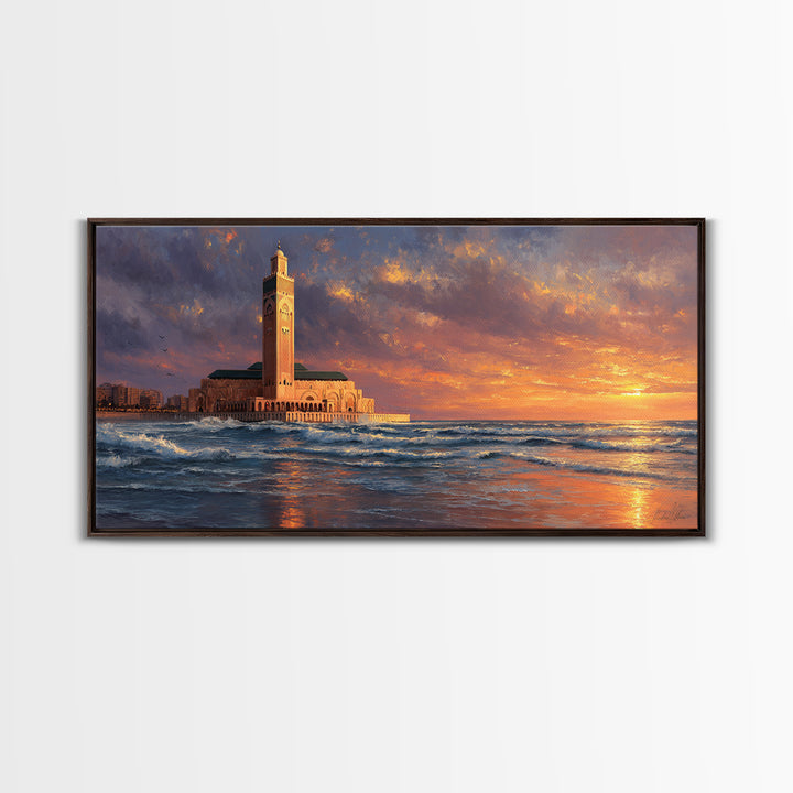 Casablanca Mosque Sunset Wall Art, Moroccan Coastal Seascape Canvas Print, Islamic Architecture, Ocean Decor For Living Room