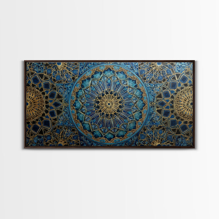 Blue Gold Islamic Geometric Wall Art, Moroccan Mosaic Canvas Print, Sacred Geometry Decor, Luxury Prayer Room Wall Decor