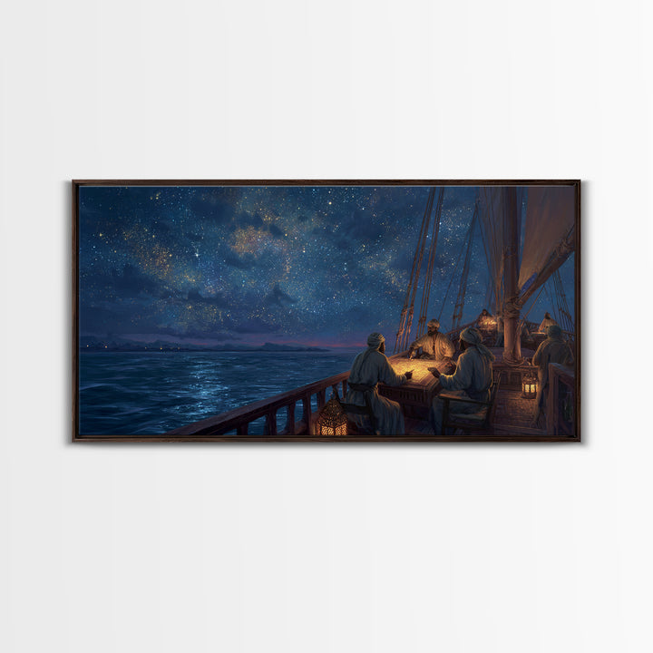 Starlit Sailing Ship Canvas Print, Nautical Night Sky Seascape, Celestial Ocean Decor, Maritime Travel Art, Gift For Him
