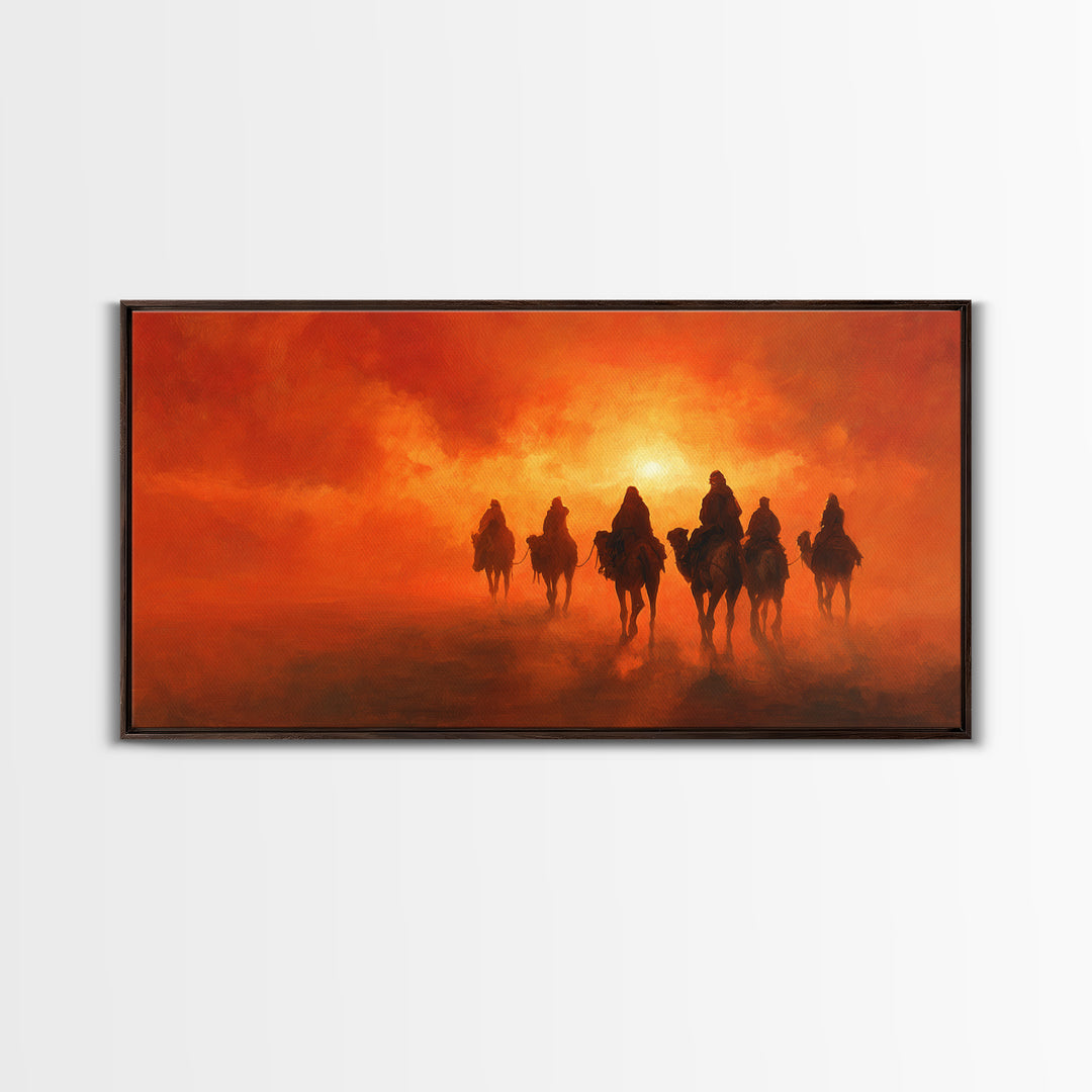 Desert Riders At Blazing Sunset Framed Canvas Print, Western Wall Art, Cowboy Landscape For Rustic Southwestern Home Decor Gift