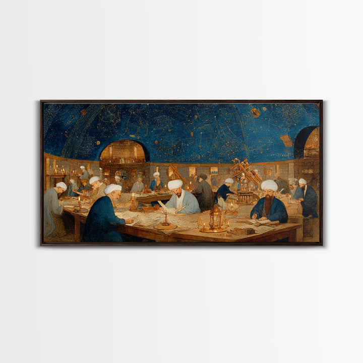 Starlit Islamic Observatory Wall Art, Scholars And Astrolabe Canvas, Arabic Astronomy Decor, Dark Academia Art Print Gift