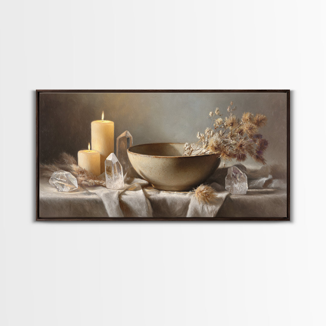 Candles Crystals And Ceramic Bowl Wall Art, Zen Spa Canvas Print, Neutral Still Life Decor, Meditation Room Housewarming Gift