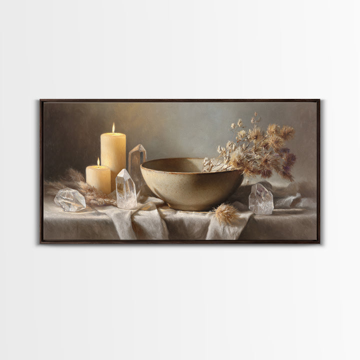 Candles Crystals And Ceramic Bowl Wall Art, Zen Spa Canvas Print, Neutral Still Life Decor, Meditation Room Housewarming Gift