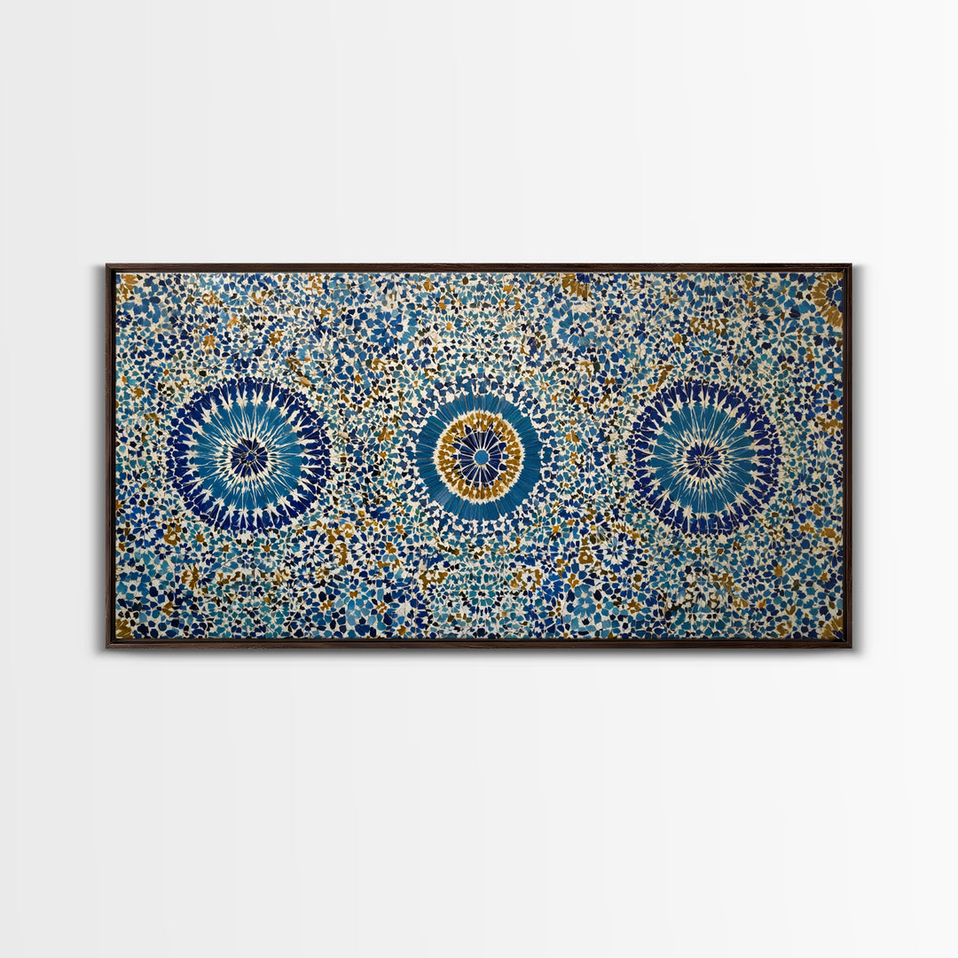 Blue Moroccan Geometric Mosaic Wall Art, Islamic Tile Pattern Canvas Print, Mediterranean Decor, Boho Home Accent Gift Idea